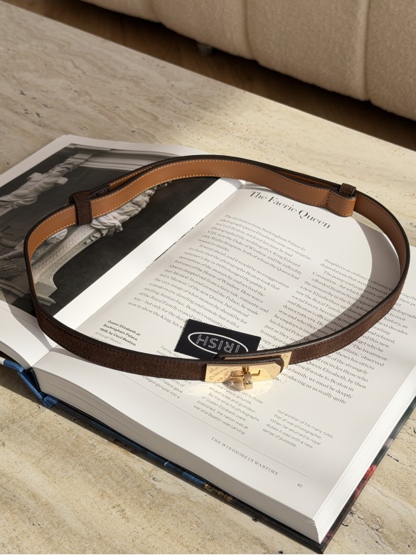 Ремінь Hermes 2см коричневий замш з золотим	