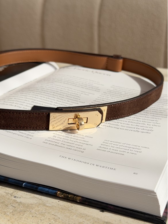 Ремінь Hermes 2см коричневий замш з золотим	