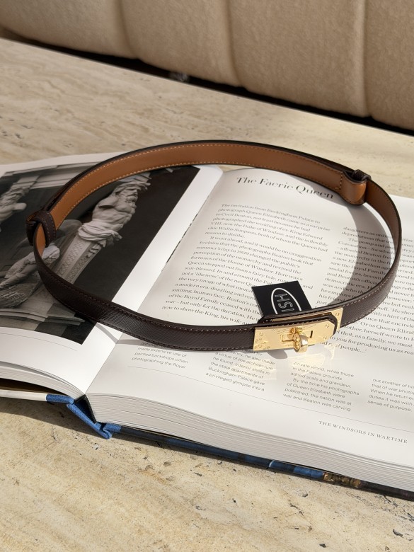 Ремінь Hermes 2см коричневий з золотим			