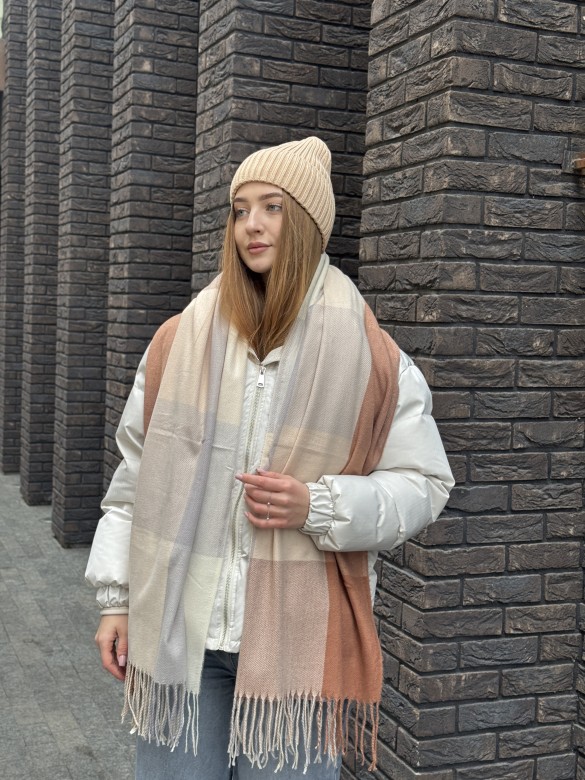 Шарф в клітинку 350 молочний з рудим
